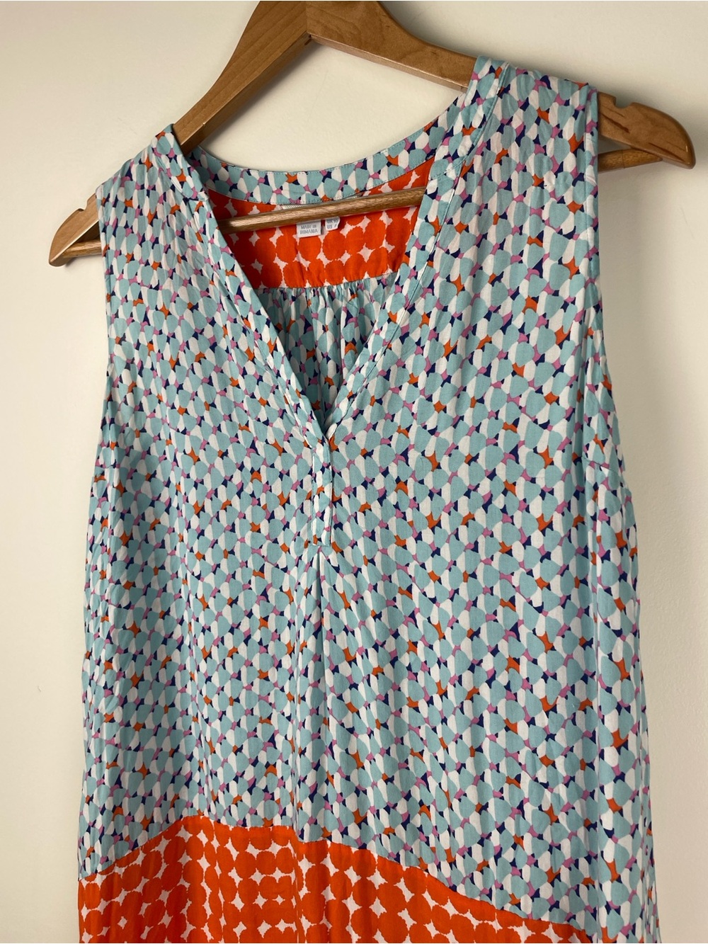 Boden Blue Patterned and Orange Colorblock Sleeveless V-Neck Top - Picture 3 of 7